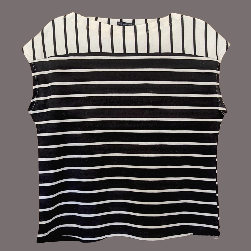 WHO WHAT WEAR Boxy Cap Sleeve Boat Neck Modern ColorBlock Black Stripes Stretchy